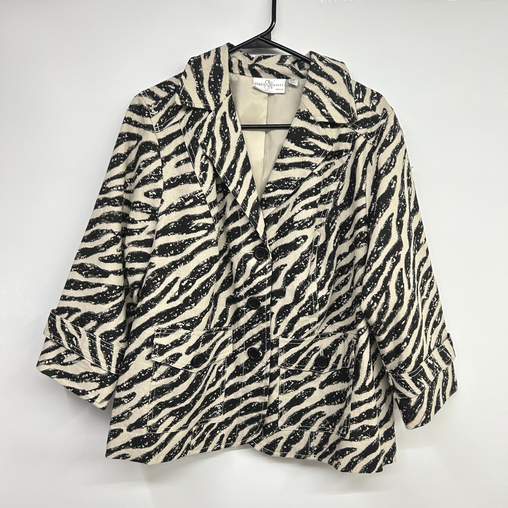 Linen Blend Zebra Print Blazer Jacket 1X Black White Mob Wife Maximalist Safari